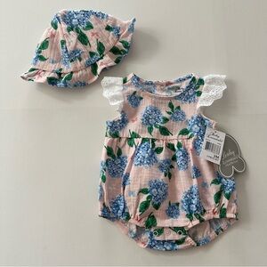 Baby Essentials Girl 3 Months Pink Floral Hydrangea Romper and Sun Hat Set NWT